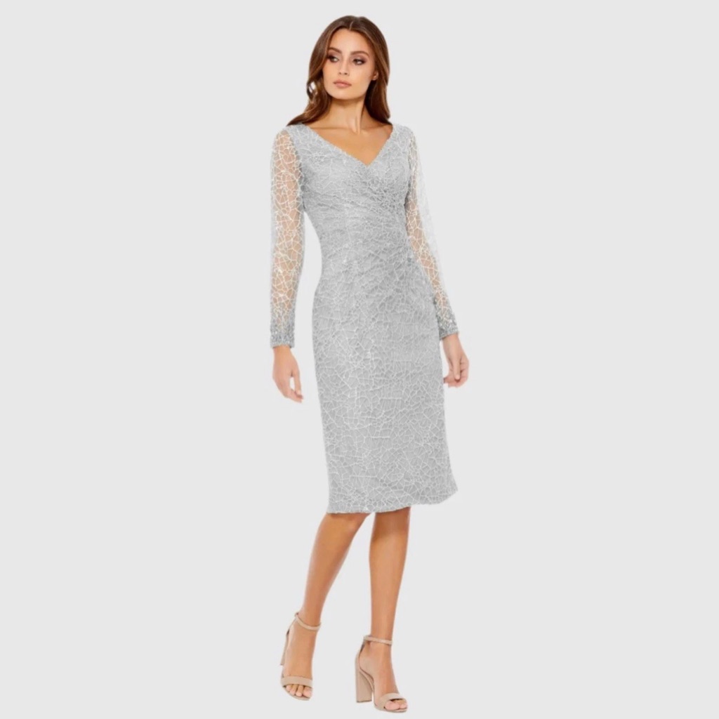 Mac Duggal Silver Lace V-Neck Midi Sheer Sleeve Dress